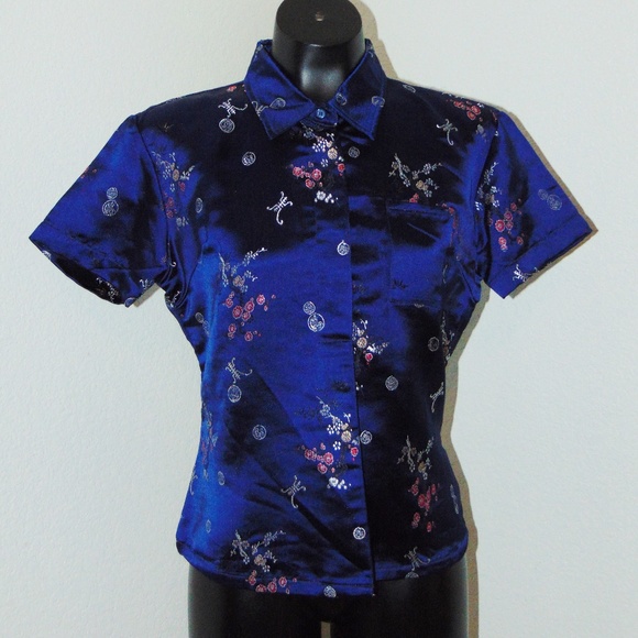 Vintage Tops - Vintage 90s Navy Blue Asian Inspired Shirt in sz L